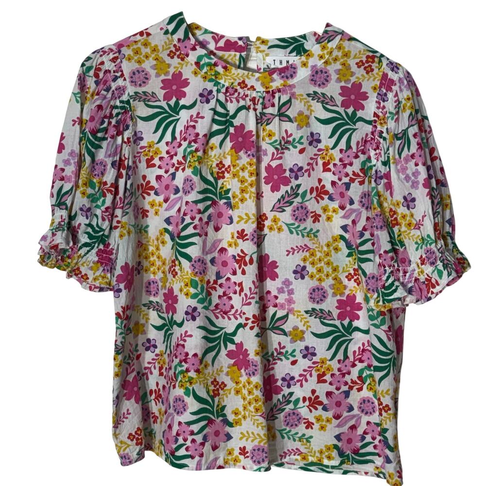THML Floral Print Puff Short Sleeve Blouse / Top, Women's Size L